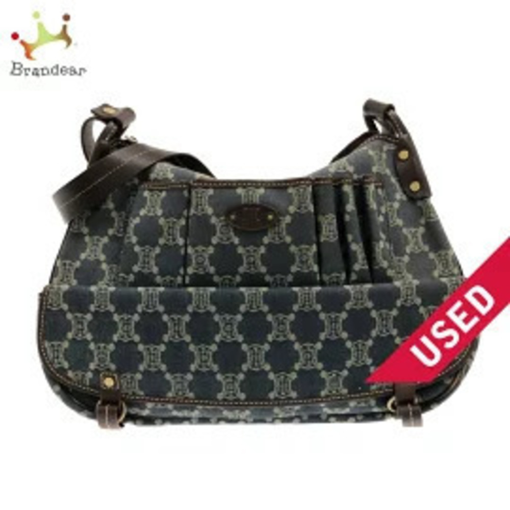 Celine Paris Macadam Shoulder Bag Dark Navy Blue x Gray Brown Denim Leather